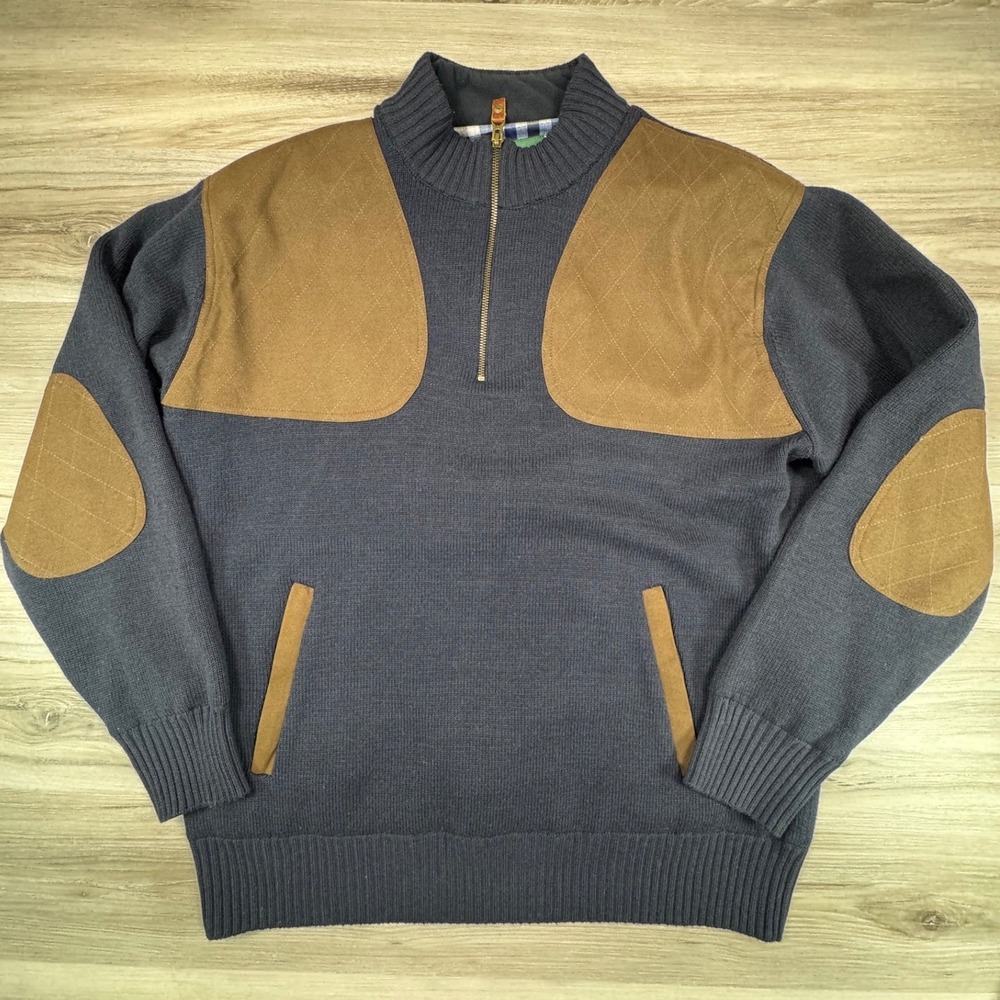Orvis Mens Wool Shooting Sweater L Navy Blue Quarter Zip Quilted‎ Elbow Patches
